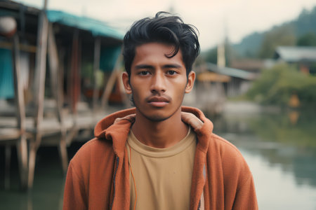 Portrait of young handsome asian man with long hair wearing orange hoodie.の素材