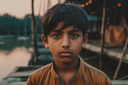 portrait of indian boy looking at camera while standing on boatの素材