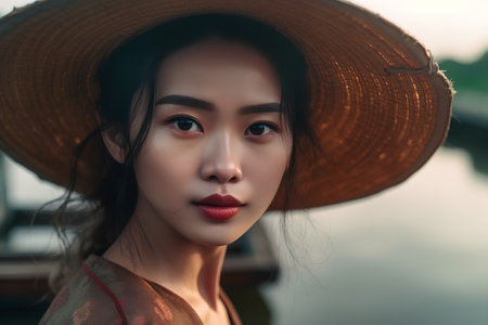Portrait of a beautiful young asian woman in straw hat.の素材