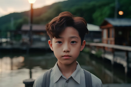 portrait of young asian boy in the park at sunset.の素材