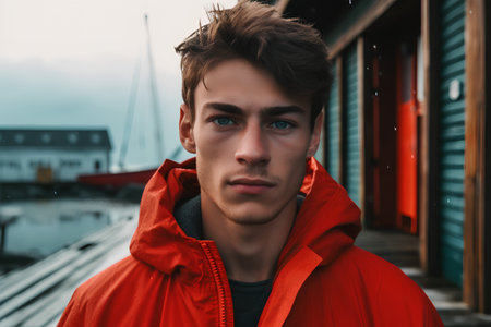Portrait of a handsome young man in a red raincoat on the pier.の素材
