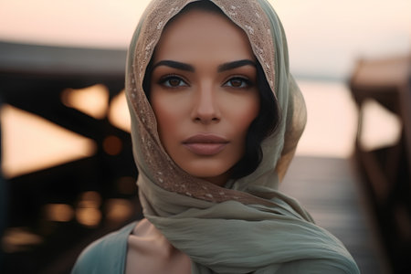 Portrait of a beautiful muslim woman with hijab at sunset.の素材