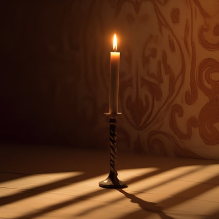 Candle in a candlestick on a background of a wooden wallの素材