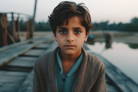 Portrait of a boy in a coat on the wooden bridge.の素材