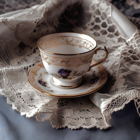 Vintage porcelain cup and saucer on lace tableclothの素材