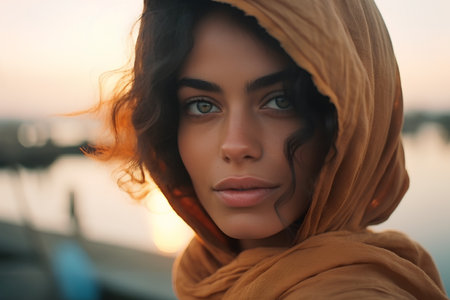 Closeup portrait of a beautiful young woman wearing a headscarfの素材