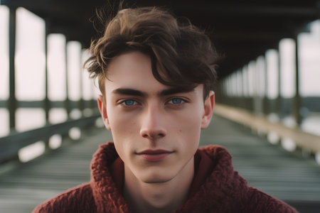 Portrait of a young handsome man on the pier. Men's beauty, fashion.の素材