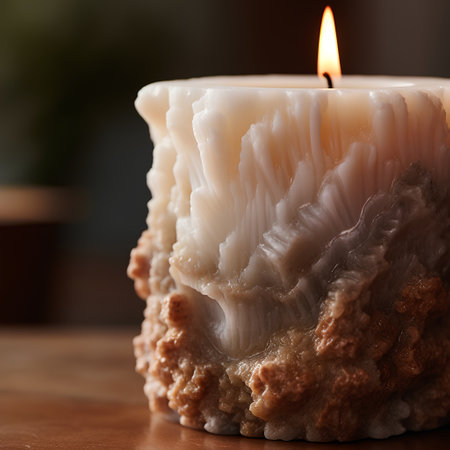Burning candle on wooden table, closeup. Shallow depth of fieldの素材