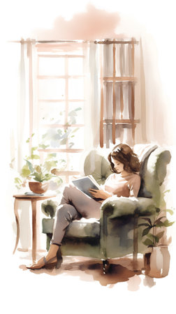 Young woman reading a book in the living room. Watercolor illustrationの素材