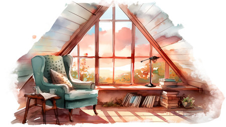 Hand drawn watercolor illustration of a living room with an armchair and a windowの素材