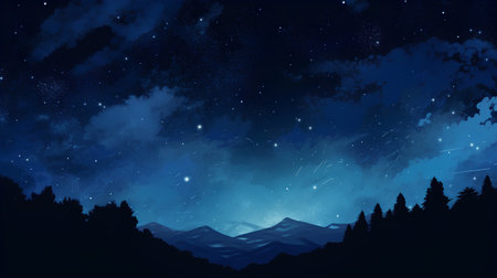 Night sky with stars and silhouettes of mountains. Vector illustration.の素材