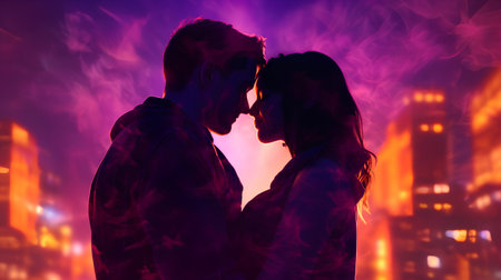 Young couple in love kissing on the background of the night city.の素材