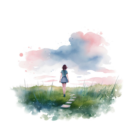 Watercolor illustration of a girl standing on the grass and looking at the skyの素材