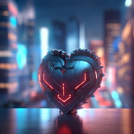 3D rendering of a heart shape with neon lights in the backgroundの素材