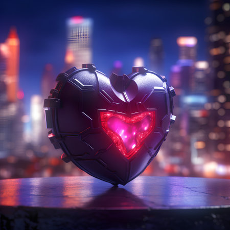3D rendering of a heart on a background of the night cityの素材