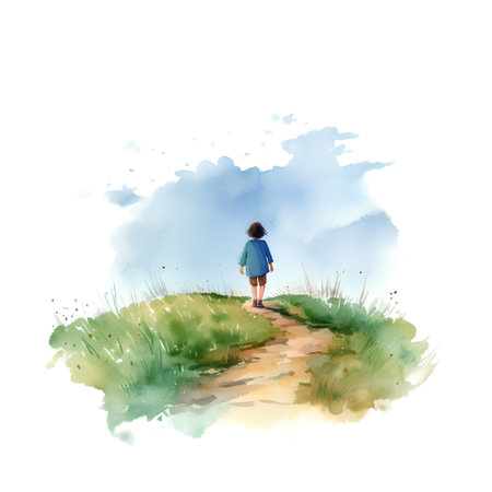 Beautiful vector watercolor hand drawn illustration of a little girl walking on the hillの素材