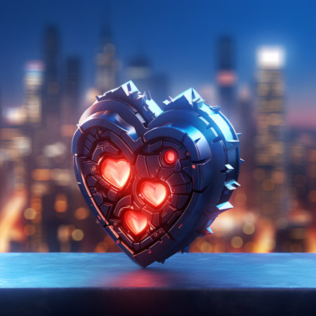 Blue heart made of metal on the background of the night city. 3d renderingの素材