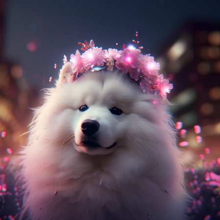 Cute fluffy Samoyed dog in a wreath of flowers.の素材