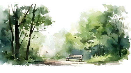 Watercolor sketch of a bench in the park. Vector illustration.の素材