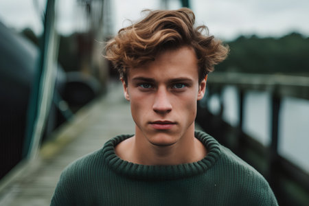 Portrait of a handsome young man in a green sweater on the bridgeの素材