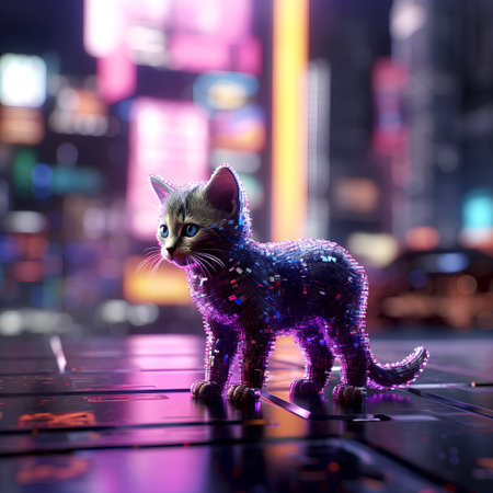 Futuristic cat on the background of the night city. 3d renderingの素材