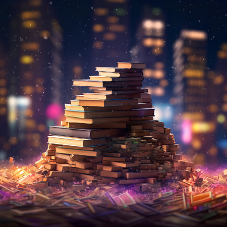 Stack of books on the background of the night city. 3D renderingの素材