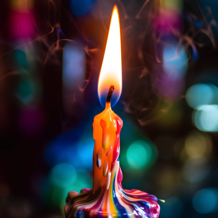 Burning candle on the background of colorful bokeh lights.の素材
