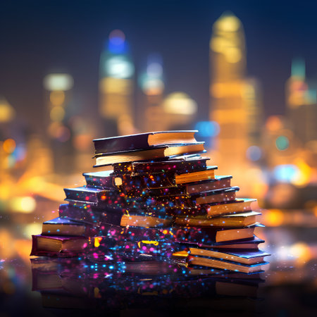 Stack of books on the background of the night city. 3d renderingの素材