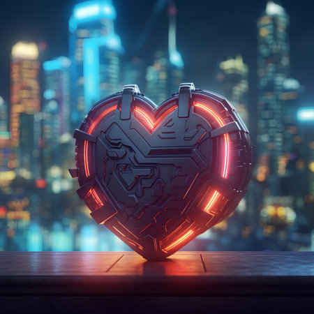 Glowing neon heart on the background of the night city. 3D renderingの素材