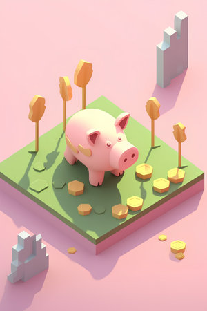 Isometric piggy bank with gold coins. 3D illustration.の素材