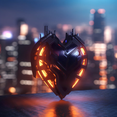 3D rendering of a cybernetic heart on the background of the cityの素材