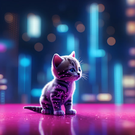 cute little kitten on a background of neon lights, 3d illustrationの素材