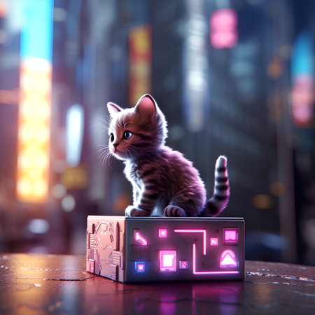 Cute little kitten sitting on a box in the night city.の素材