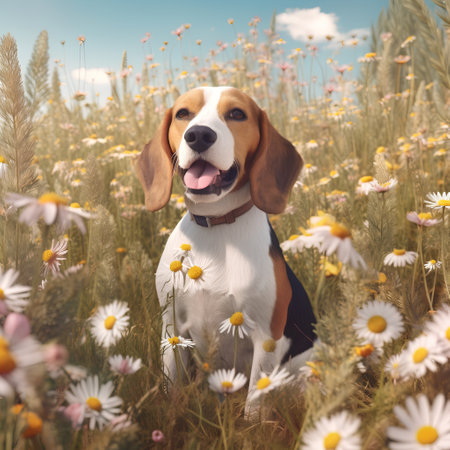 Beagle dog in the field with daisies. Photo in retro styleの素材