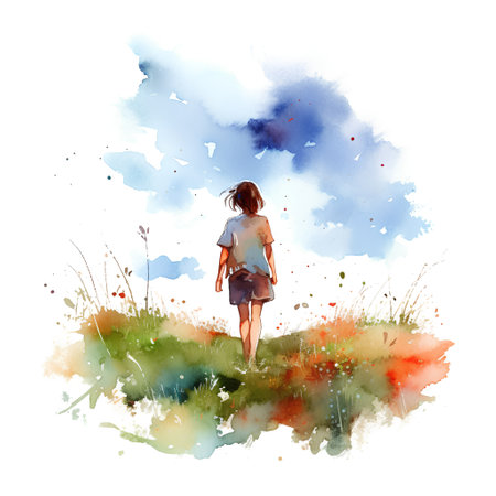 Watercolor illustration of a girl walking in the field. Hand drawn sketch.の素材