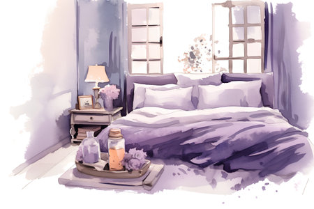 Watercolor illustration of a bedroom with a bed and a lamp.の素材