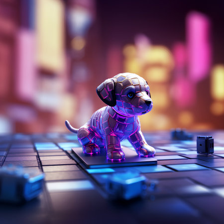3D rendering of a dog on a computer keyboard with a blurred backgroundの素材