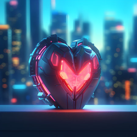 3D rendering of a cyber heart with neon lights and city backgroundの素材