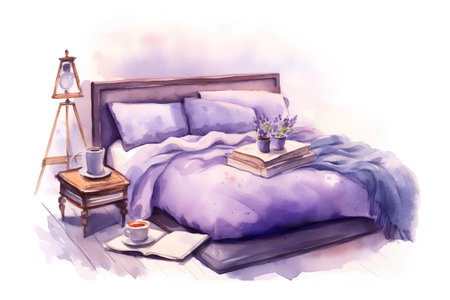 Watercolor illustration of a bedroom with a bed, a lamp, a cup of coffee and a bookの素材
