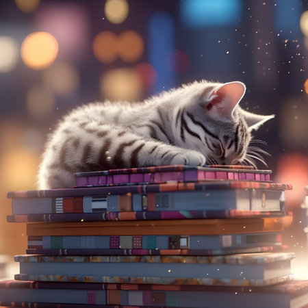 Little kitten sleeping on a pile of books in front of bokeh backgroundの素材