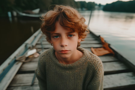 Portrait of a boy in a sweater on a pier by the lake.の素材