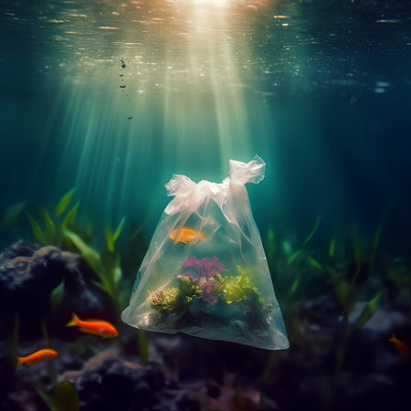 Plastic bag with tropical fish and corals underwater. Plastic pollution conceptの素材
