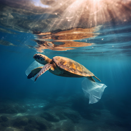 Green sea turtle in plastic bag floating in the ocean. 3d renderingの素材