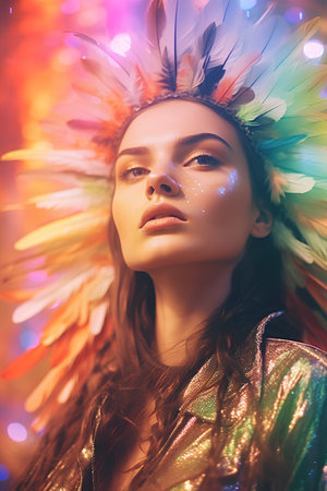 Portrait of a beautiful young woman with bright make-up. Boho style.の素材