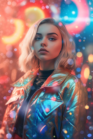 Fashion portrait of a beautiful young woman with bright make-up. Portrait of a stylish girl in a leather jacket.の素材