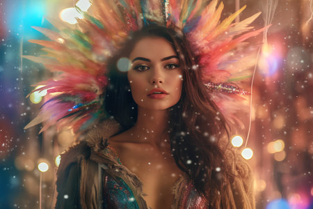 Beautiful young woman in indian costume with feathers and bokeh lights.の素材