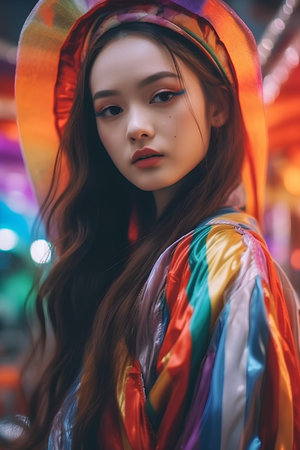 Portrait of a beautiful asian woman in colorful clothes at nightの素材