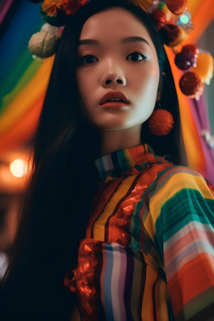 Portrait of a beautiful young asian woman in colorful clothes.の素材