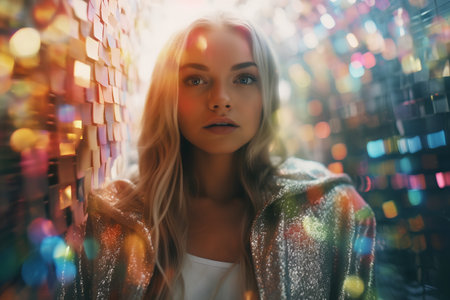 Portrait of a beautiful young woman with long blonde hair in a shiny jacket.の素材