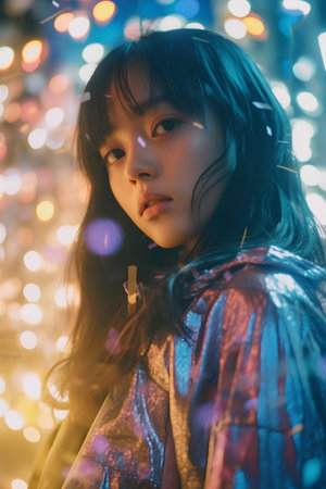 beautiful asian woman with christmas lights bokeh backgroundの素材